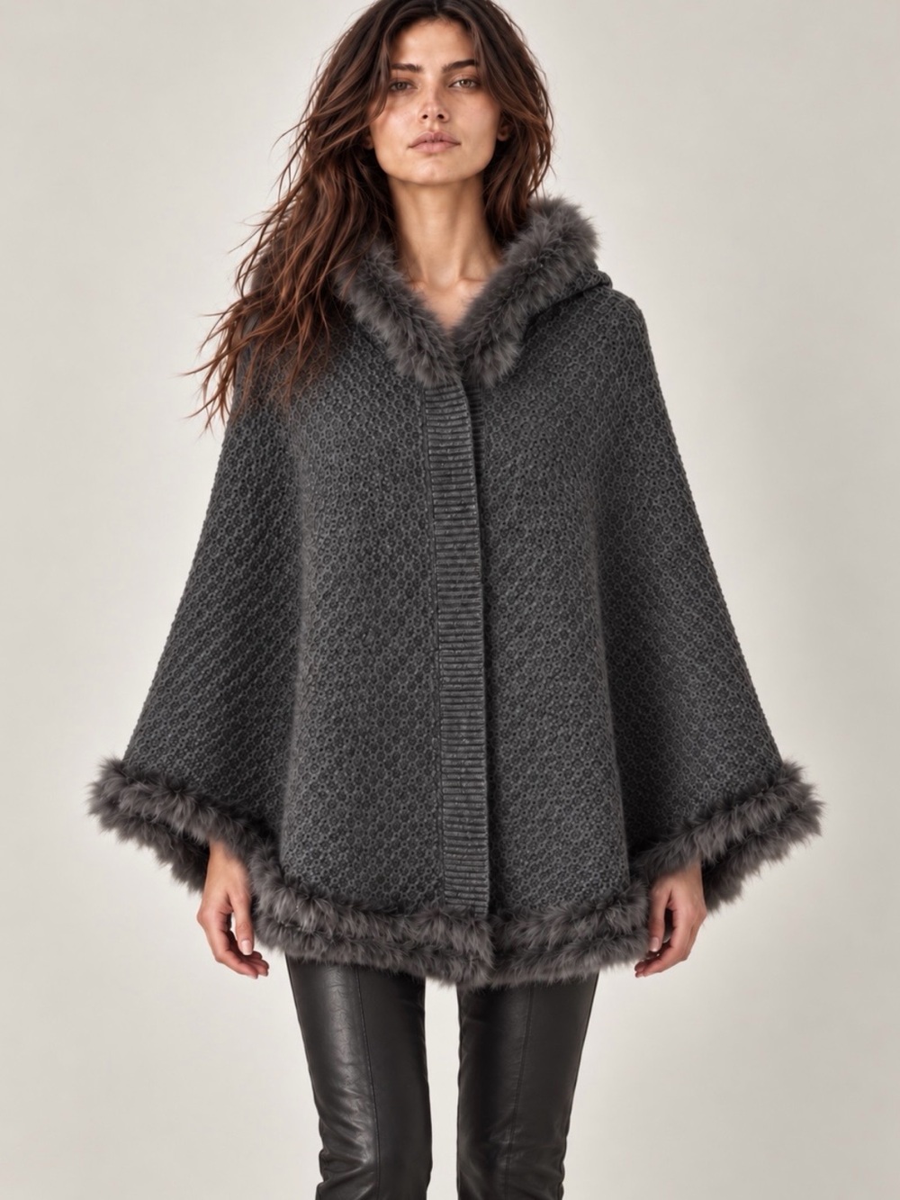 Hooded Grey Knitted Cape with Rabbit Fur Trim Dolce Cabo O/S
